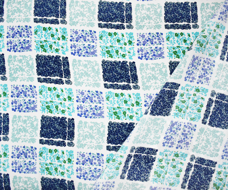 Turquoise Poly Check Floral Plaid Printed Moss Crepe Woven Fabric