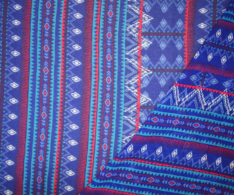 Blue-Multi Poly Aztec Stripe Printed Pebble Chiffon Woven Fabric