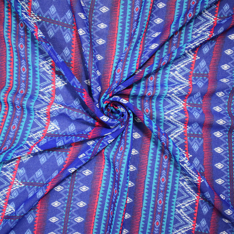 Blue-Multi Poly Aztec Stripe Printed Pebble Chiffon Woven Fabric