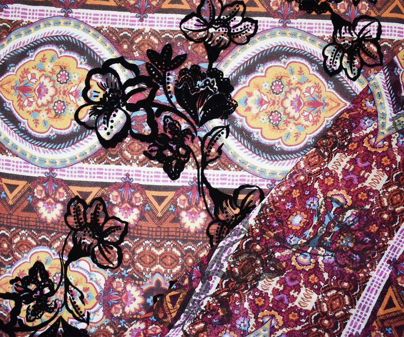 Purple-Multi Poly Patch Floral Velvet Flock Chiffon Woven Fabric
