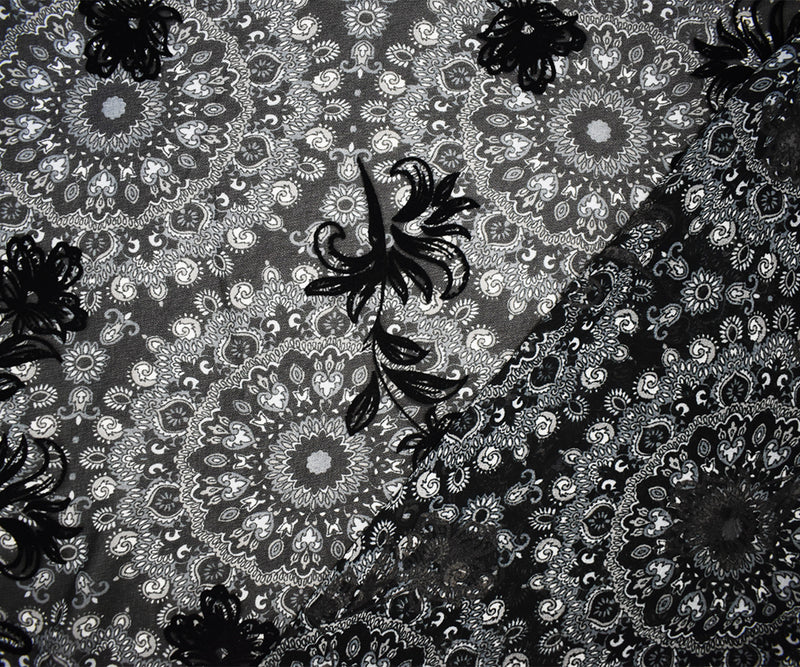 5 1/4 YD PC-Black Poly Medallion Print Floral Burnout Chiffon Woven Fabric