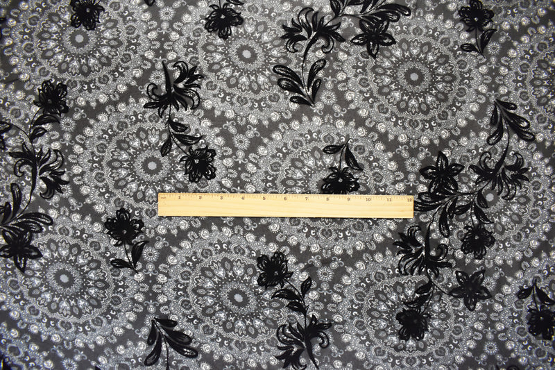 5 1/4 YD PC-Black Poly Medallion Print Floral Burnout Chiffon Woven Fabric