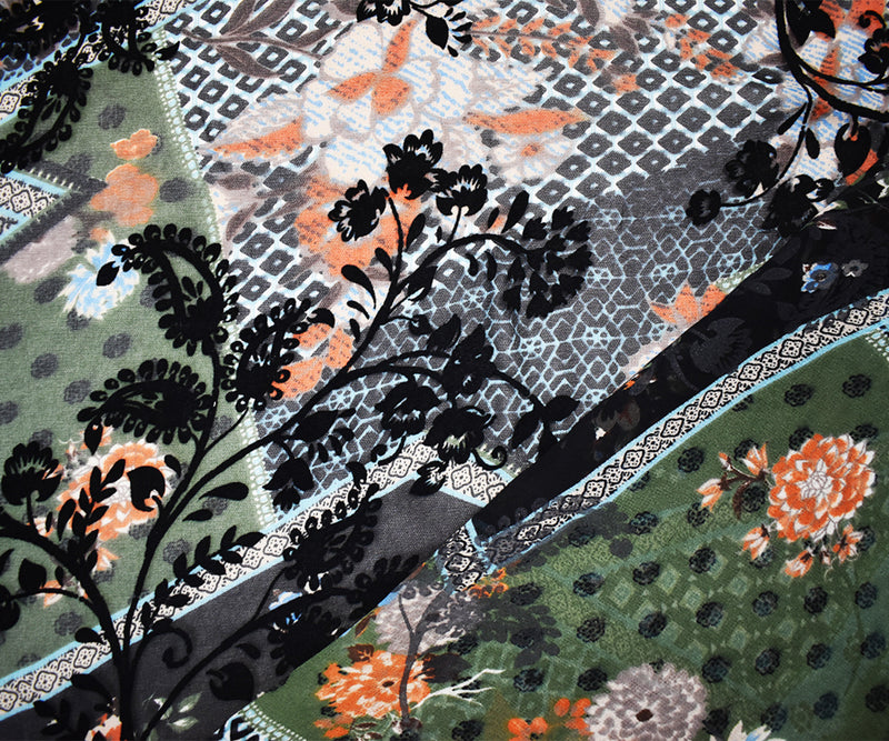 Green-Multi Poly Patch Floral Velvet Flocked Chiffon Woven Fabric