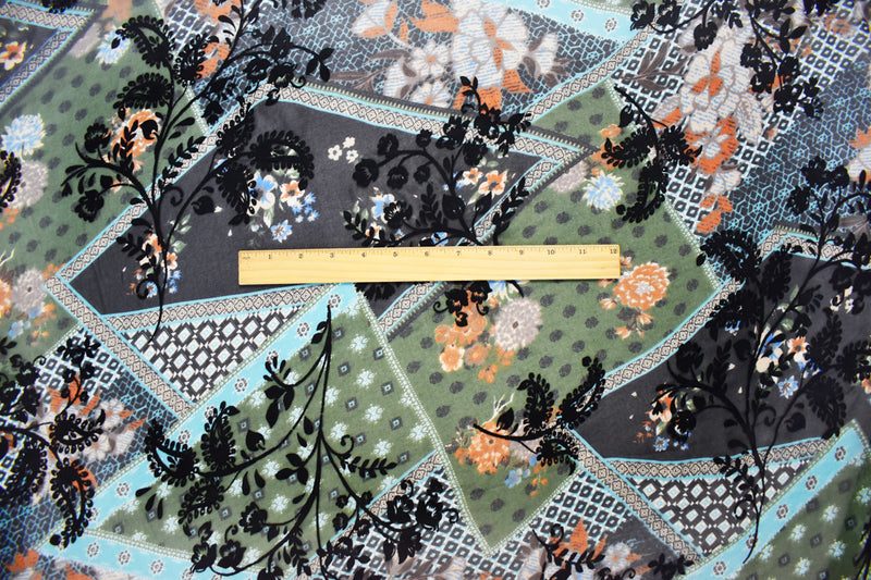 Green-Multi Poly Patch Floral Velvet Flocked Chiffon Woven Fabric