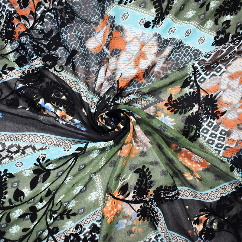 Green-Multi Poly Patch Floral Velvet Flocked Chiffon Woven Fabric