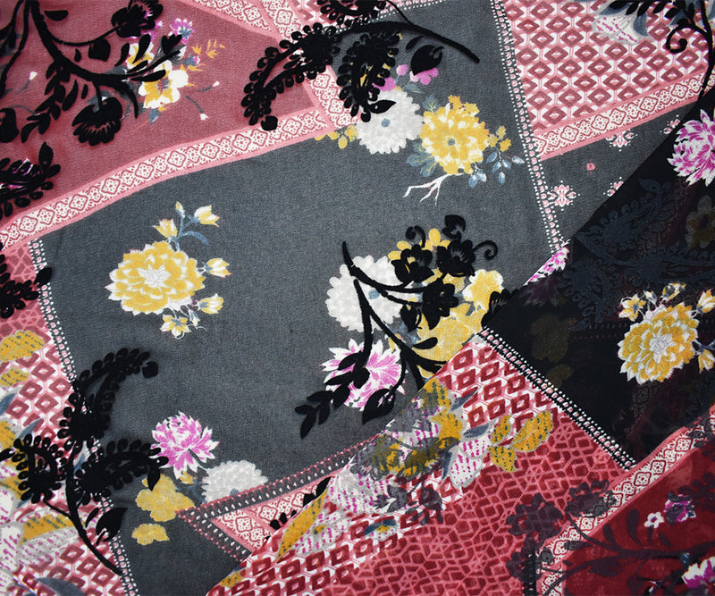 Red-Multi Poly Patch Floral Velvet Flocked Chiffon Woven Fabric