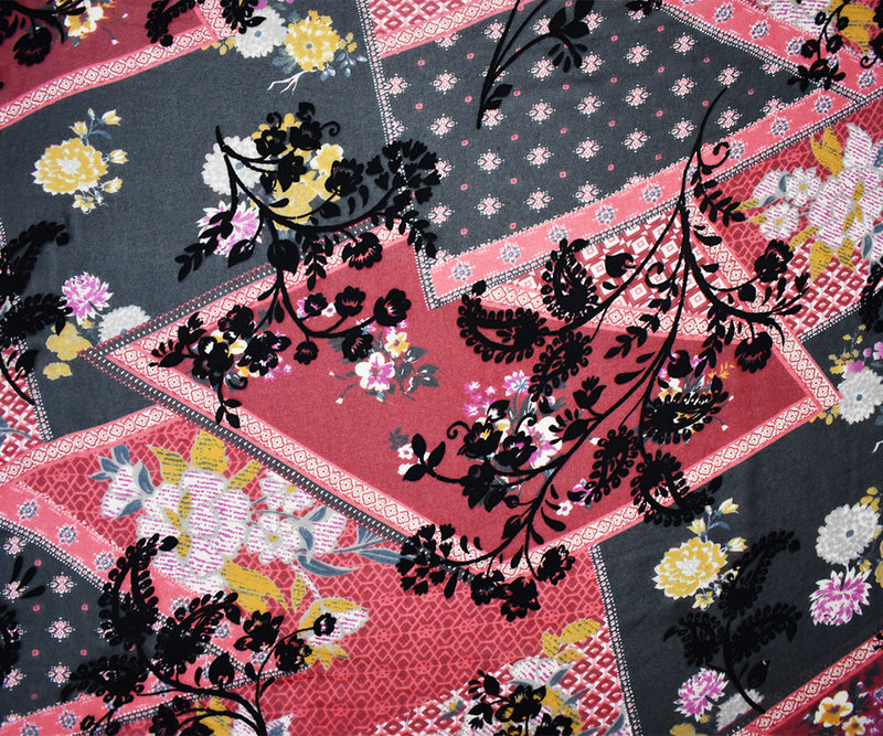 Red-Multi Poly Patch Floral Velvet Flocked Chiffon Woven Fabric