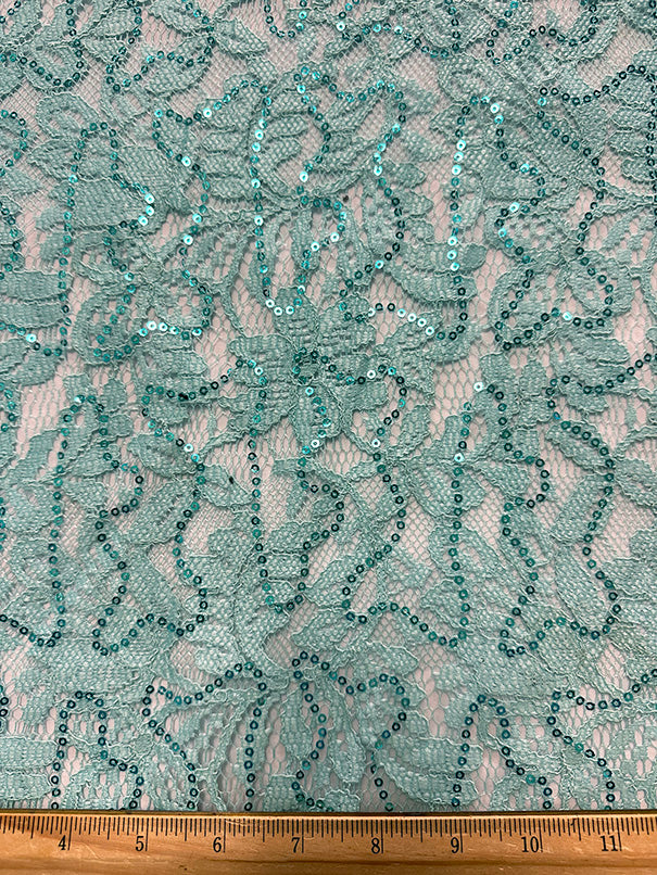 Mint Green Embroidered Sequin Lace Fabric