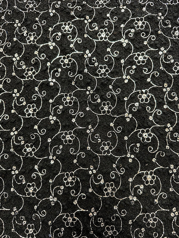 Silver Flocked Floral Faux Sequin on Black Chenille Fabric