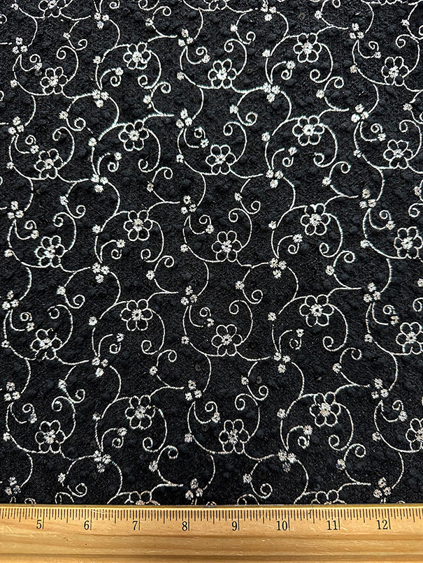 Silver Flocked Floral Faux Sequin on Black Chenille Fabric