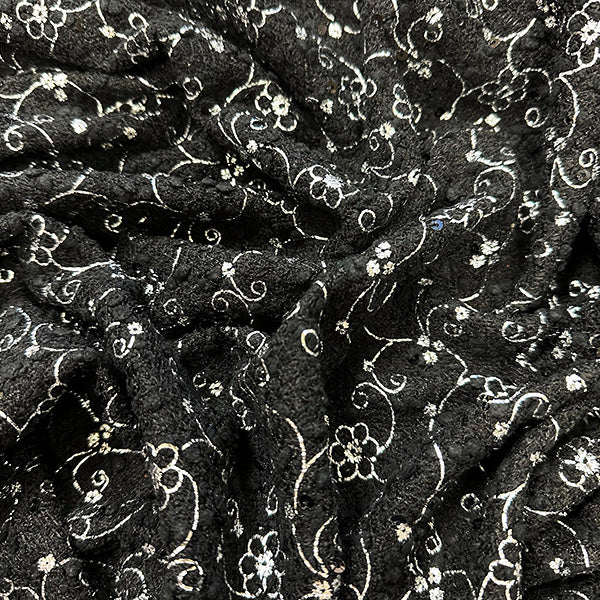Silver Flocked Floral Faux Sequin on Black Chenille Fabric