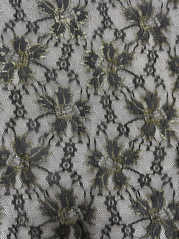 3 YD PC-Black and Metallic Gold Floral Mesh Lace Fabric
