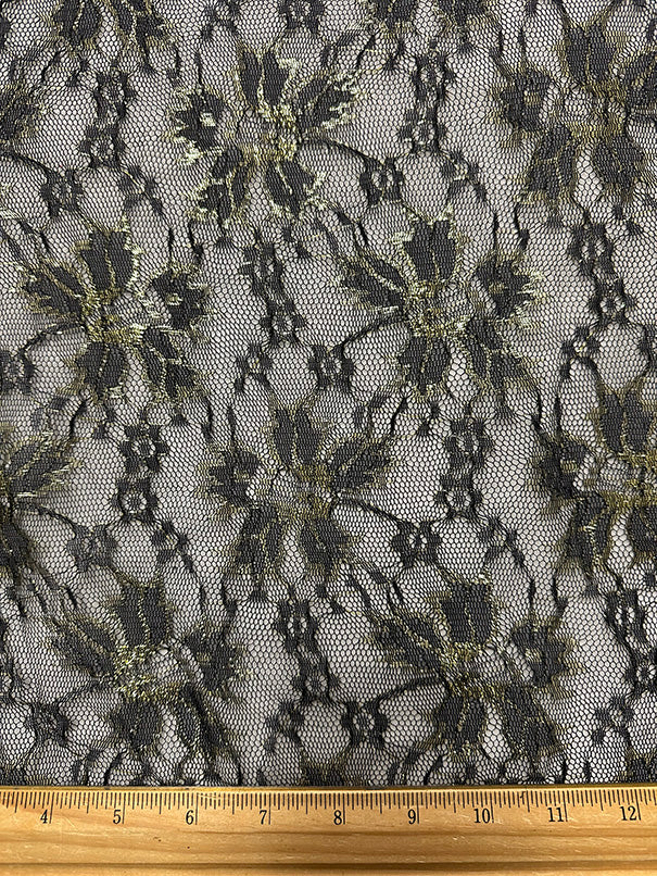 3 YD PC-Black and Metallic Gold Floral Mesh Lace Fabric