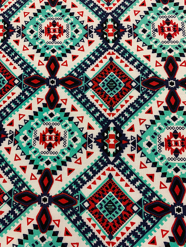 Aqua Multi Aztec Print Rayon Challis Fabric