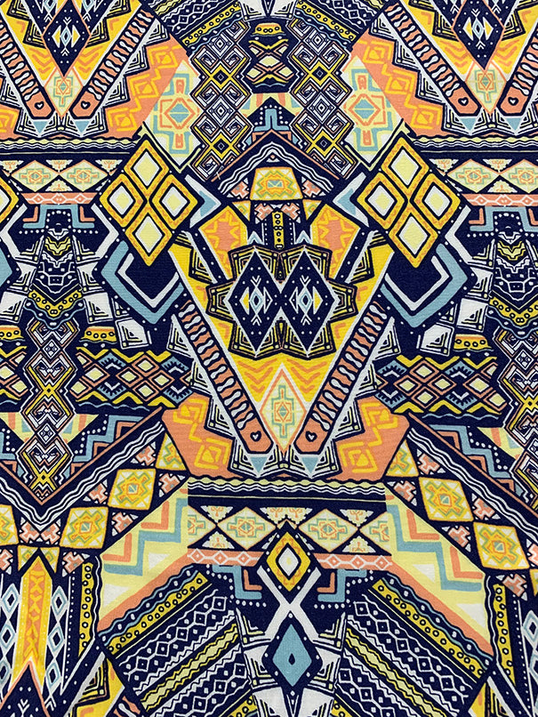 Blue Multi Aztec Print Rayon Challis Fabric
