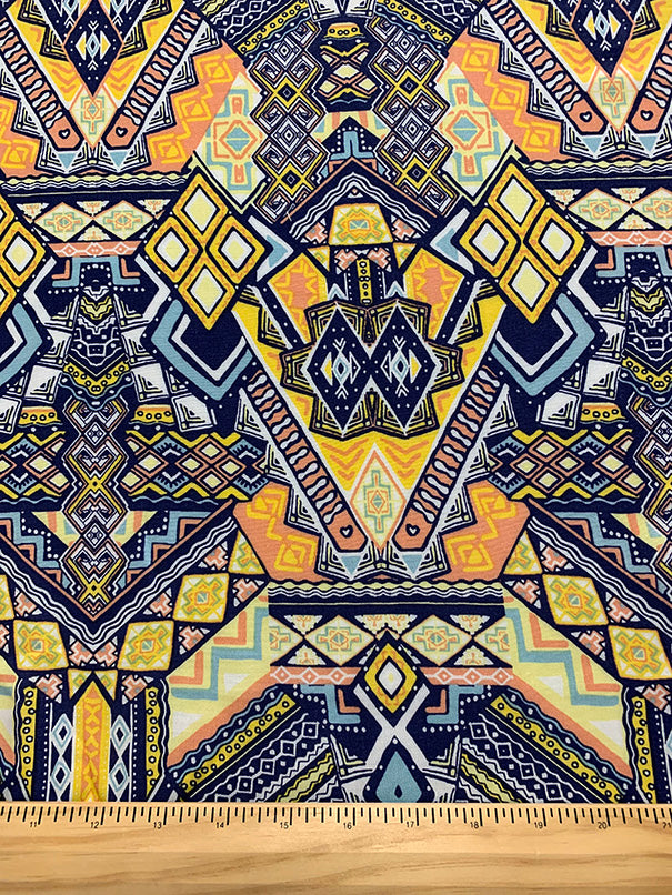 Blue Multi Aztec Print Rayon Challis Fabric