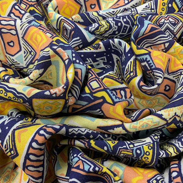 Blue Multi Aztec Print Rayon Challis Fabric