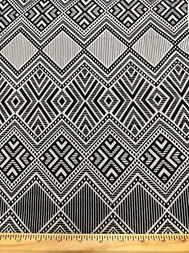 Black and White Geometric Stripe Print Rayon Challis Fabric