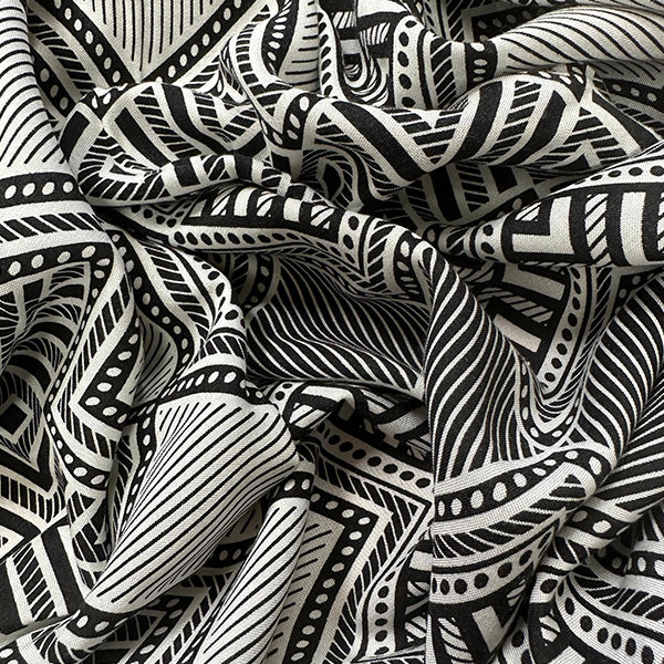 Black and White Geometric Stripe Print Rayon Challis Fabric