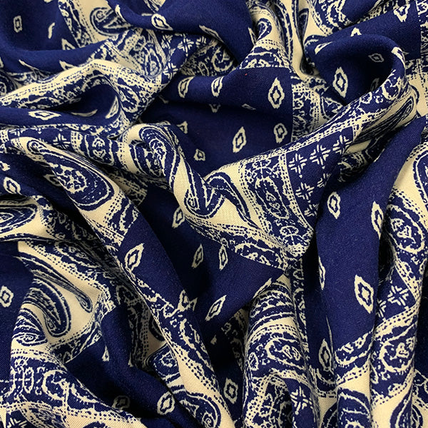 3 YD PC-Blue and White Bandana Print Rayon Challis Fabric