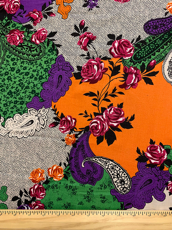 Cream Multi Paisley Print Rayon Challis Fabric