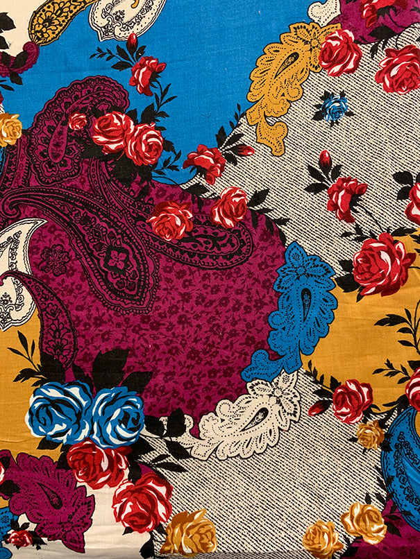 Blue Multi Paisley Print Rayon Challis Fabric
