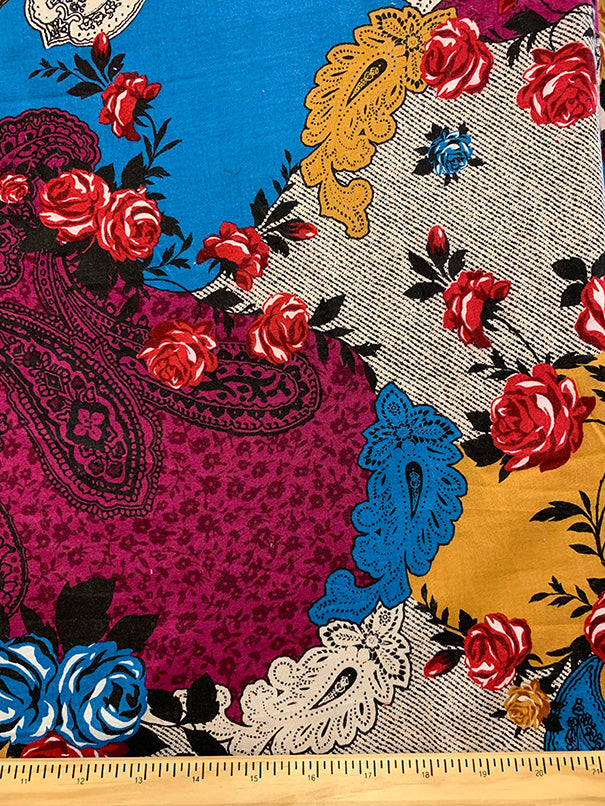 Blue Multi Paisley Print Rayon Challis Fabric