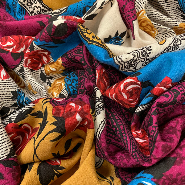 Blue Multi Paisley Print Rayon Challis Fabric