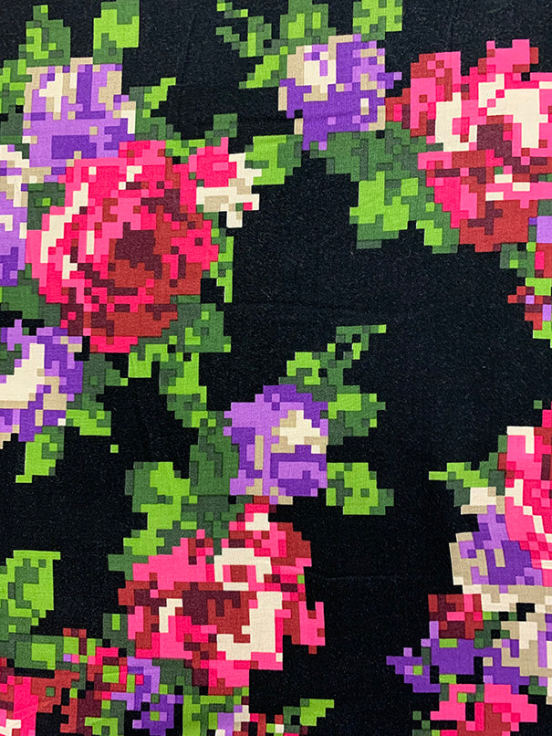 Black Pixelized Floral Print Rayon Challis Fabric
