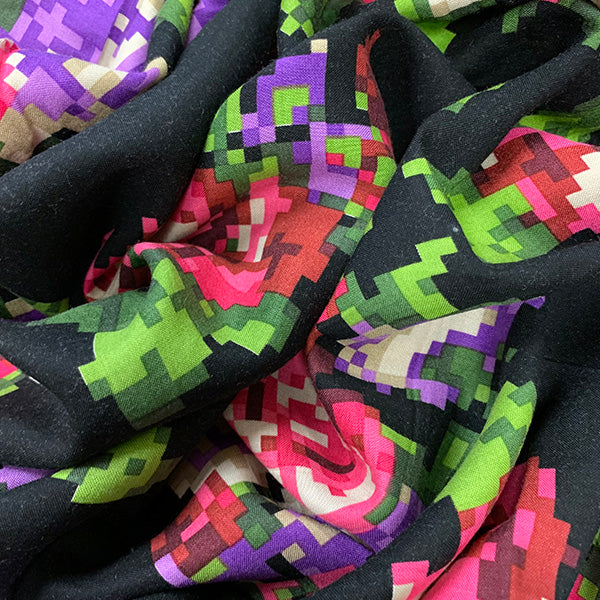 Black Pixelized Floral Print Rayon Challis Fabric