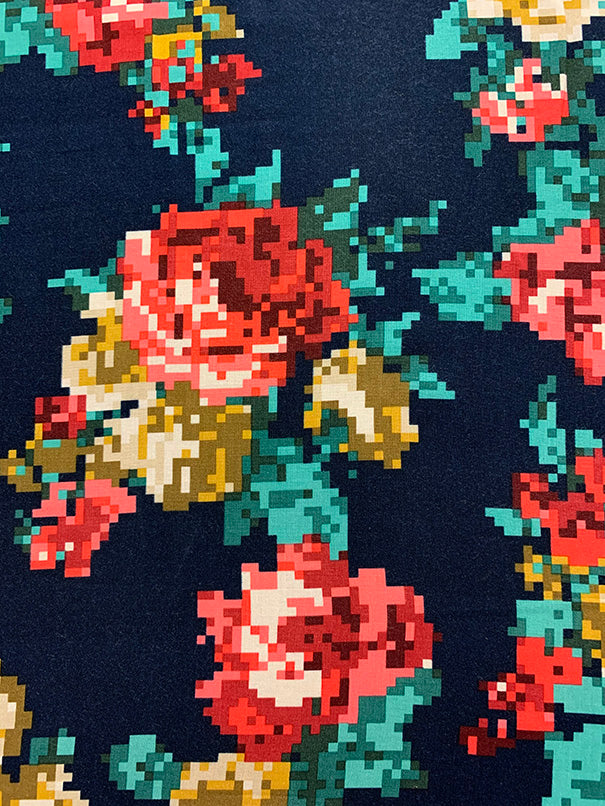 2 YD PC-Blue Pixelized Floral Print Rayon Challis Fabric