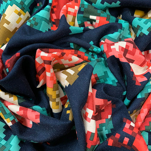 2 YD PC-Blue Pixelized Floral Print Rayon Challis Fabric