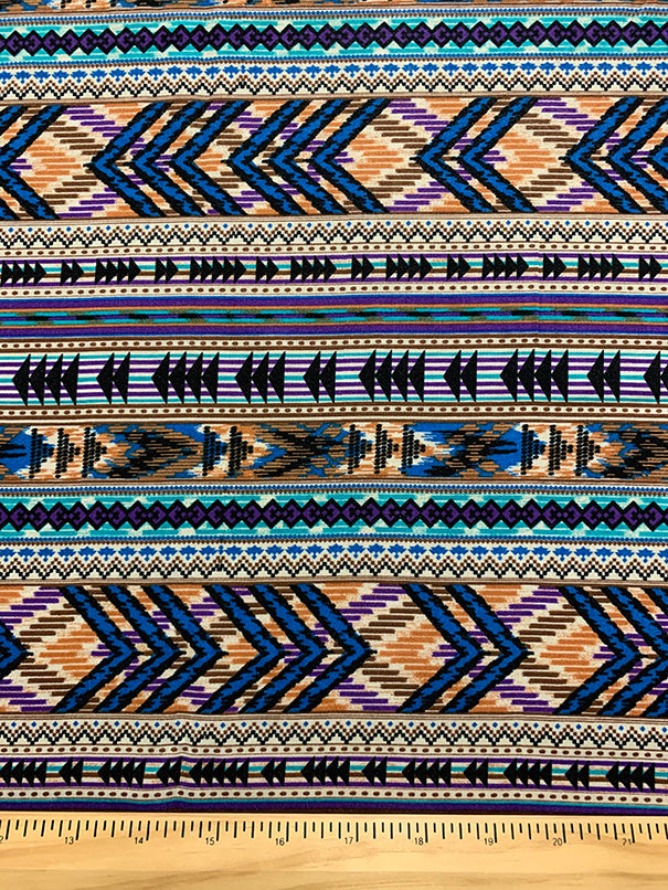Teal and Purple Multi Print Stripe Rayon Challis Fabric
