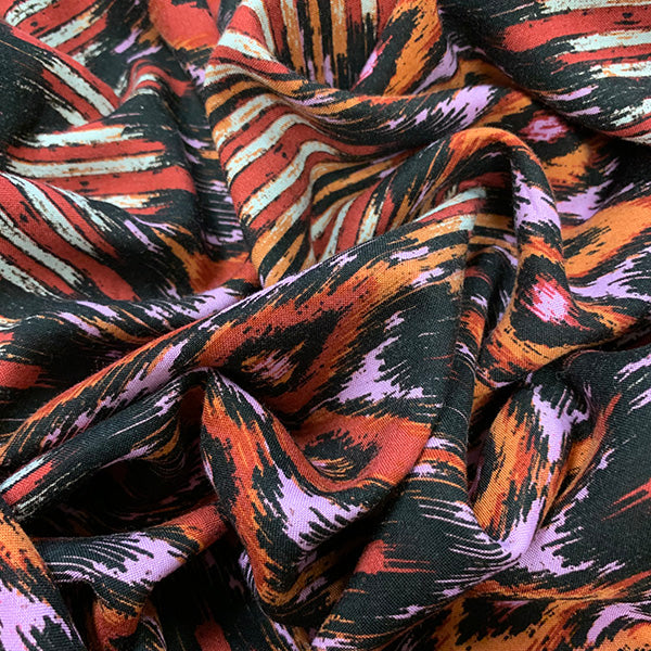 Black and Red Multi Stripe Print Rayon Challis Fabric