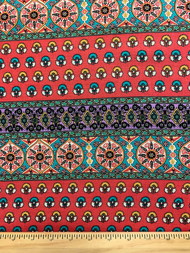 Fuschia and Teal Multi Stripe Print Rayon Challis Fabric