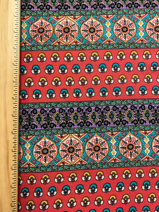 Fuschia and Teal Multi Stripe Print Rayon Challis Fabric