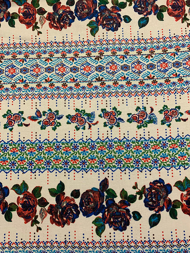 White Floral Stripe Print Rayon Challis Fabric