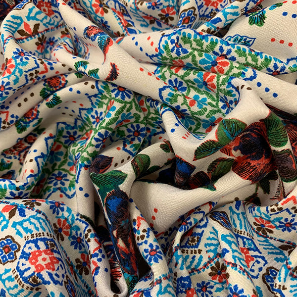 White Floral Stripe Print Rayon Challis Fabric