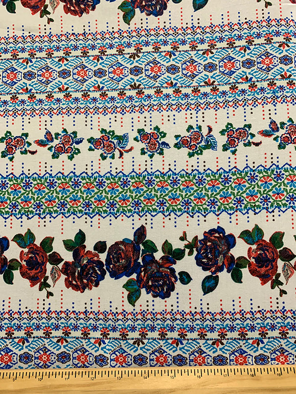 White Floral Stripe Print Rayon Challis Fabric
