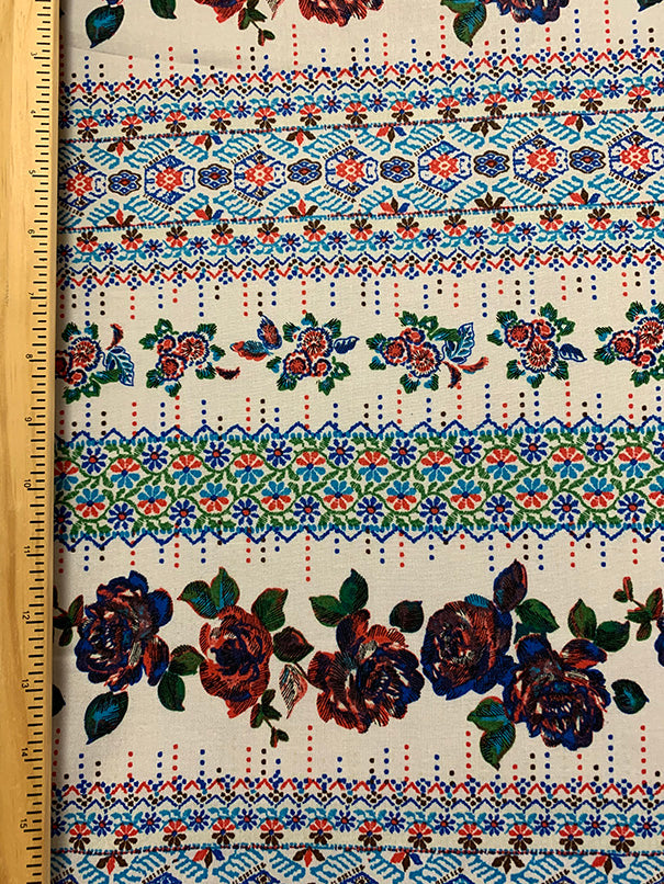 White Floral Stripe Print Rayon Challis Fabric