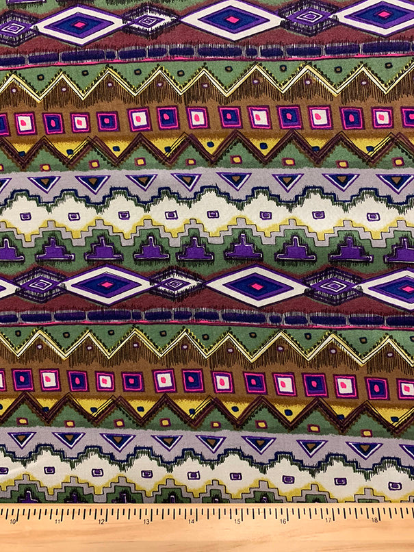 Brown Multi Aztec Stripe Print Rayon Challis Fabric