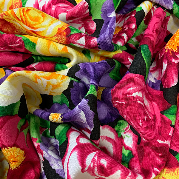 Black Multi Floral Print Rayon Challis Fabric