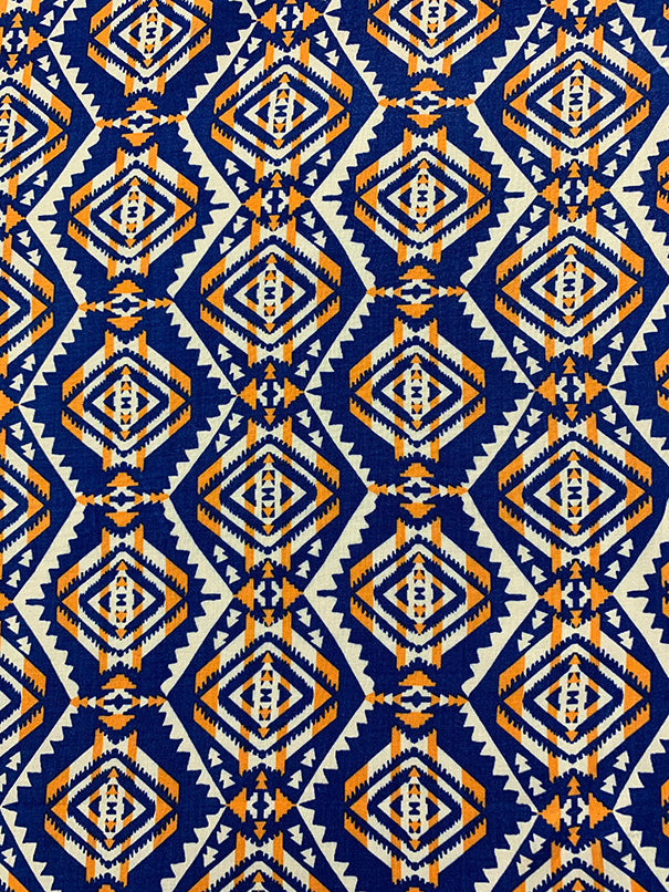 Blue Aztec Stripe Print Rayon Challis Fabric