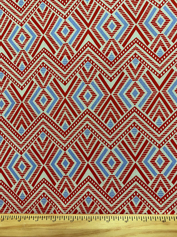 Red and White and Blue Print Rayon Challis Fabric