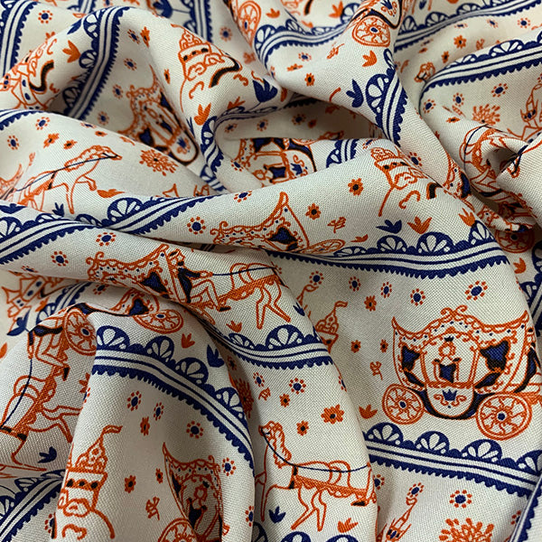 White Multi Horse Carriage Stripe Rayon Challis Fabric