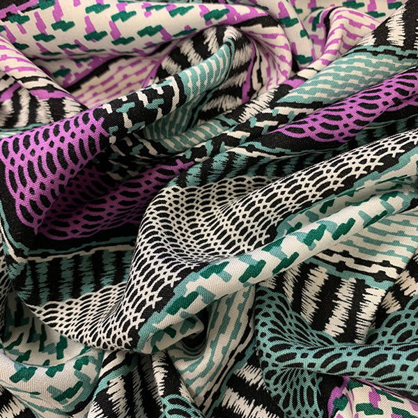 Purple and Aqua Multi Stripe Print Rayon Challis Fabric