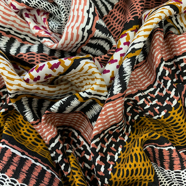 Rose and Copper Multi Stripe Print Rayon Challis Fabric