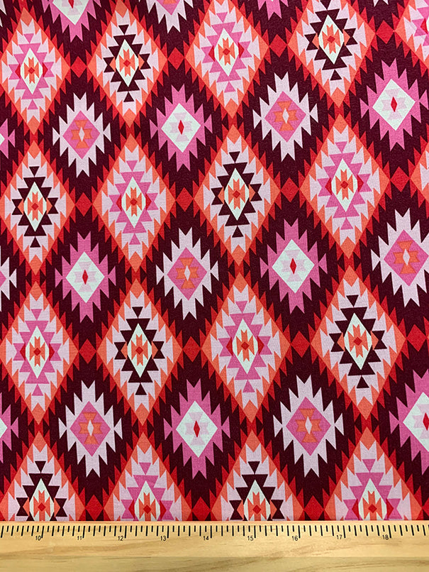 Pink and Red Aztec Print Rayon Challis Fabric