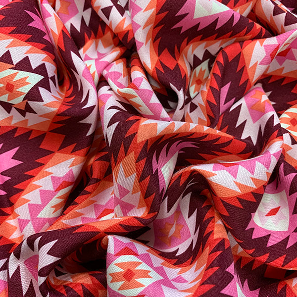 Pink and Red Aztec Print Rayon Challis Fabric