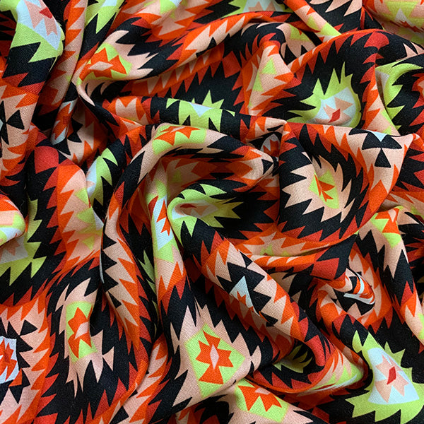 Red and Black Aztec Print Rayon Challis Fabric